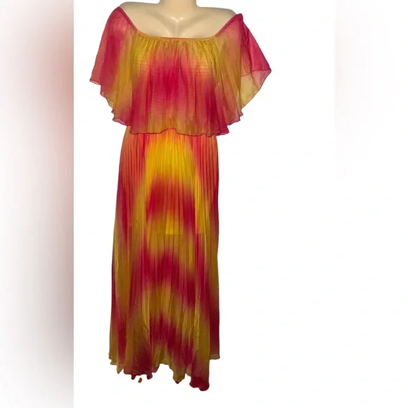 AKIRA Off-Shoulder Tie-Dye Flowy Maxi Dress in Pink & Yellow - Picture 2 of 6